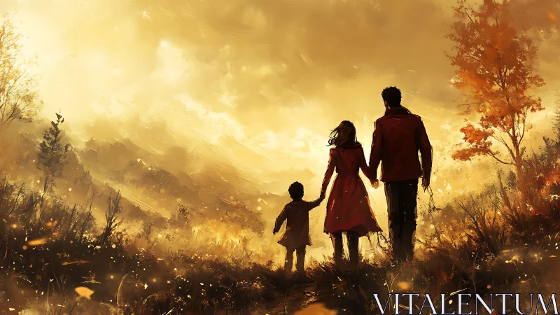 Family Silhouettes Navigate Golden Sunset Landscape