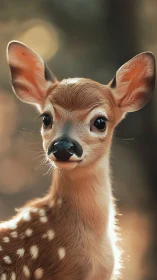 Gentle woodland fawn basking in soft golden forest light.