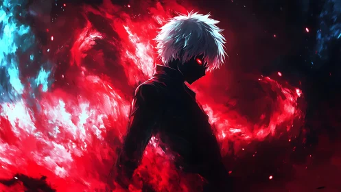 Stormborn shadow warrior wreathed in scarlet inferno light.