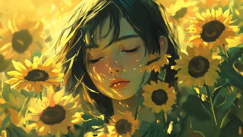 Digital painting portrait of girl resting in radiant sunflowers.