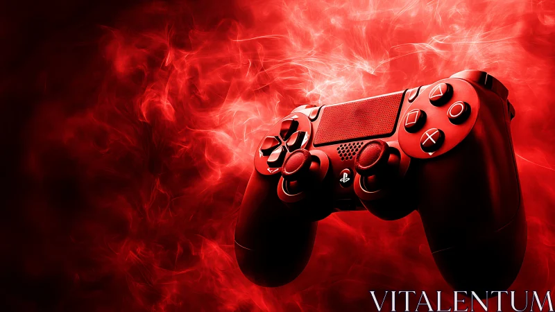 Photorealistic red game controller in cinematic smoke field.