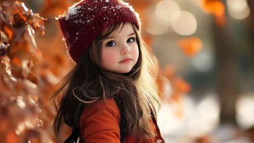 Child in red knit hat stands outdoors amid blurred foliage