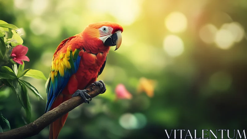 Vibrant Scarlet Macaw on Branch in Lush Tropical Garden, Soft Glow.