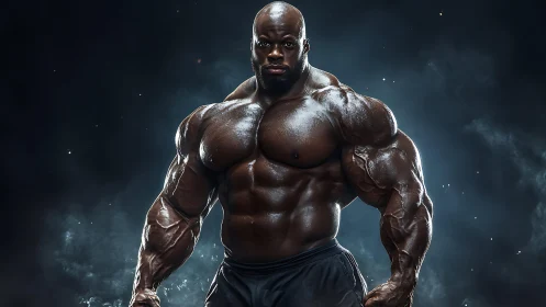 Muscular male bodybuilder posing in dramatic studio light.
