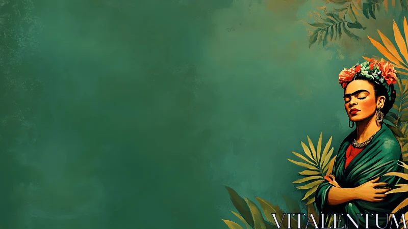 Woman with floral crown stands against green foliage field