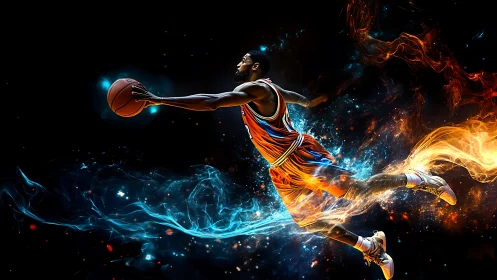 Soaring basketball player ignites the court in fiery motion