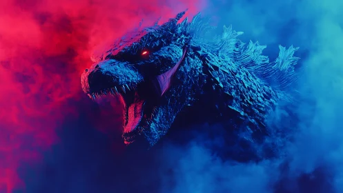 Colossal dragon roar in neon red and cyan vapor clouds.