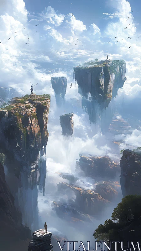 Vertical fantasy panorama of floating cliffs above cloud abyss