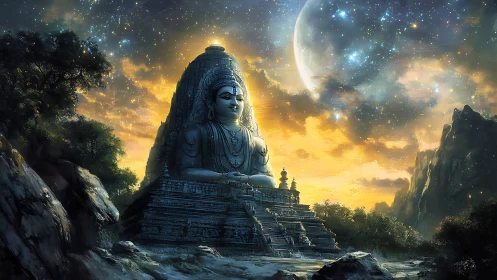 Colossal stone deity temple under nebula sky with crescent moon