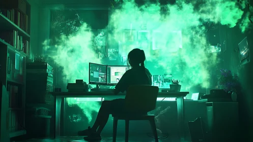 Coder silhouette faces glowing green data cloud in dark room