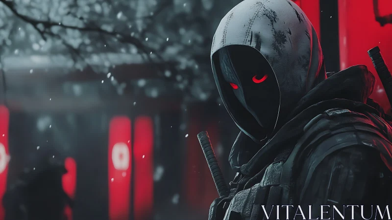 Hooded cyber ninja waits in snow amid red temple lanterns