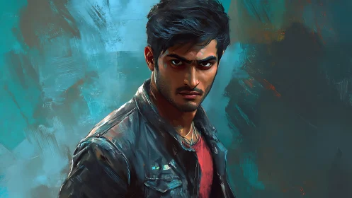 Man with intense stare in leather jacket against teal background
