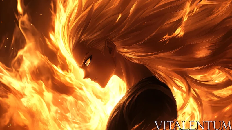 Anime profile portrait in dynamic flame-infused composition.