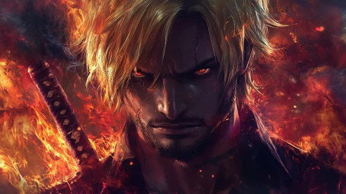 Fierce swordsman gazes through blazing fire with steady resolve