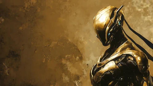 Golden armored android stands against textured ochre void.