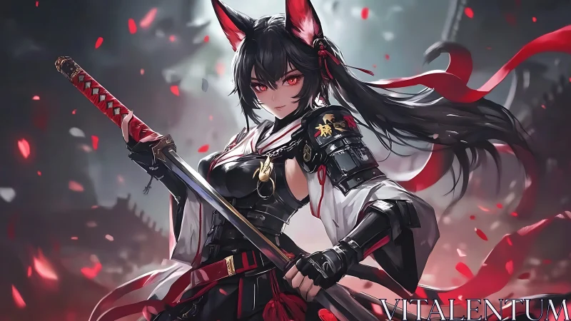 Foxblade samurai girl poised in crimson storm of petals.