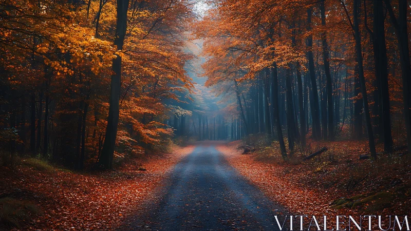 Forest road with seasonal foliage and atmospheric depth perspective