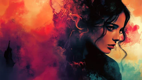 Ember crowned portrait in swirling nebula of fire and dusk.