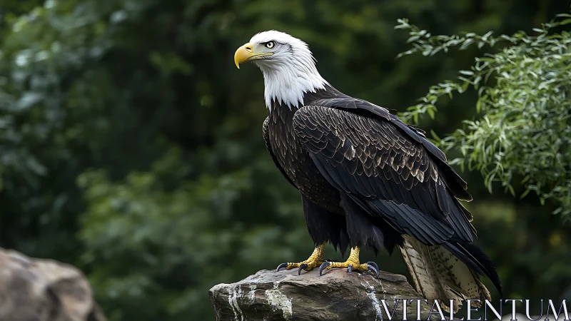 Majestic Bald Eagle Perched on Rock in Natural Green Setting.