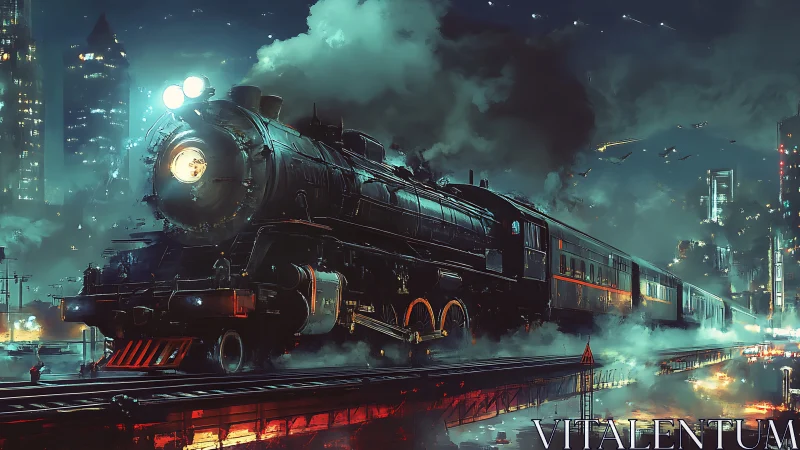Steam locomotive cuts through neon-lit cyberpunk night