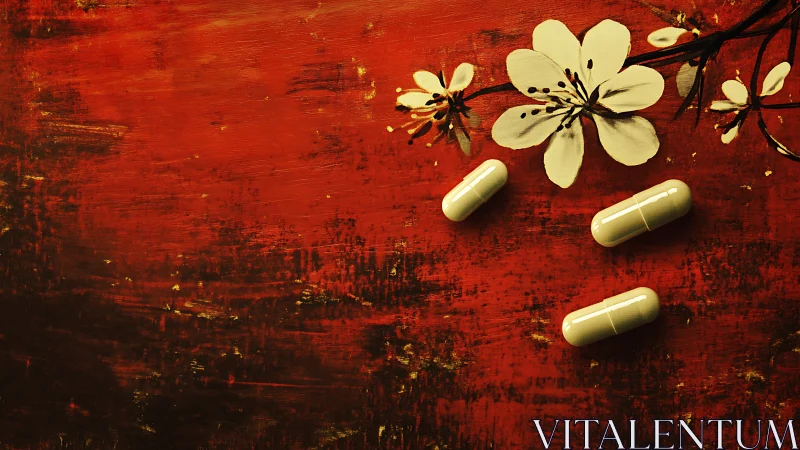 Pale capsules drift beneath painted blossoms on rusted red