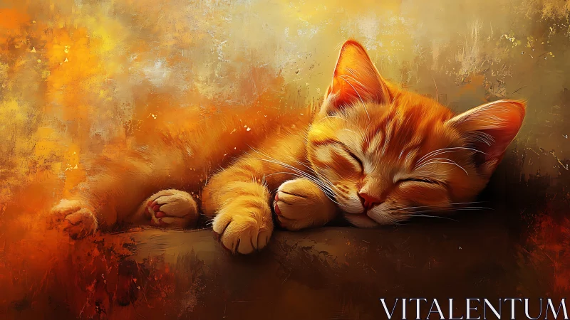 Orange Tabby Cat Resting in Warm Chiaroscuro Environment with Impasto Technique