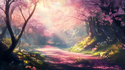 Sunlit cherry blossom path through enchanted spring forest.