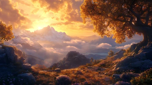 Sunlit mountain valley landscape is rendered in warm tones