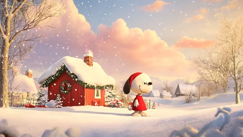 Stylized winter canine character in luminous snowy landscape