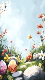Spring meadow panorama with painted Easter eggs and wildflowers