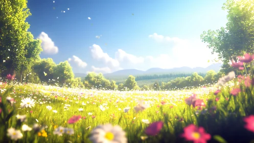 Sunlit wildflower meadow inviting a peaceful, happy pause.