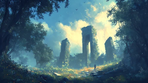 Lone explorer crossing sunlit ruins in misty forest glade.