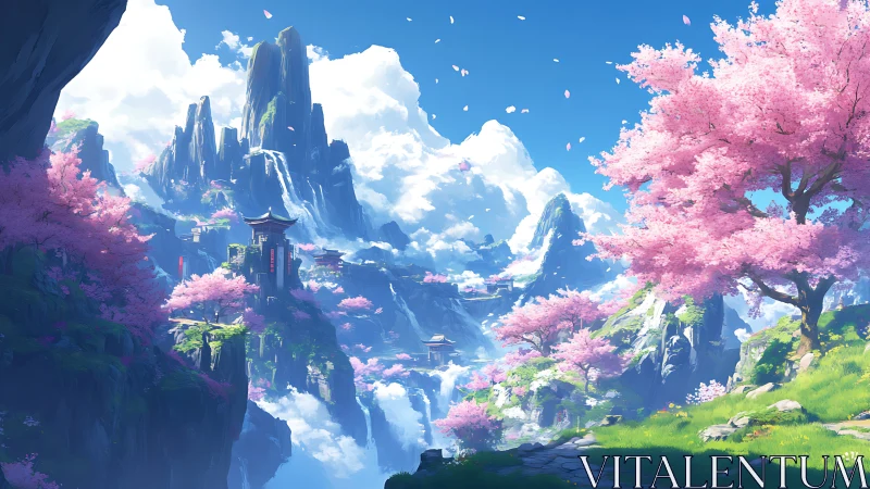 Sky-brushed sakura peaks and hidden mountain temples dreamscape.