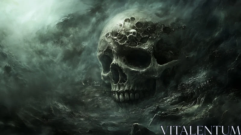 Monolithic skull landscape in stormy atmospheric digital painting.