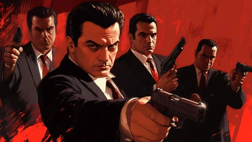 Crimson-slick mob enforcers aim cold resolve at the viewer.