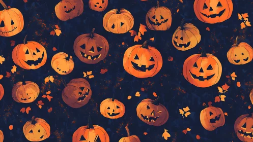 Repeating jack-o&rsquo;-lantern pattern with stylized lighting and texture