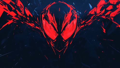 Vivid red spider mask bursting through deep electric night.