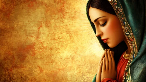 Digital iconographic portrait renders serene praying woman