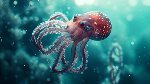 Octopus-like cephalopod rendered in teal underwater scene.