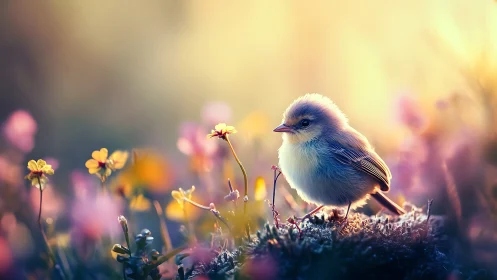 Small bird is positioned on ground amid foreground flowers
