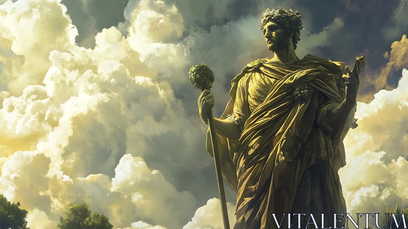 Monumental divine statue against dramatic cumulus skyscape.