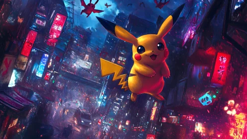Pikachu floats above neon cyberpunk city under rainy night