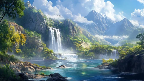 Mountain lake with multi-tier waterfalls and forested slopes.