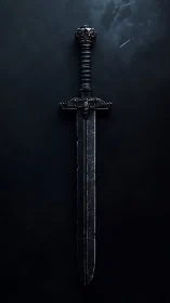 Ornate dark steel sword rendered against atmospheric black field