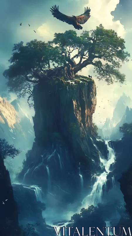 Eagle above the skyfall citadel and its ancient summit tree.