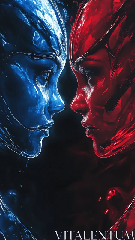 Opposing red and blue liquid faces confront each other closely