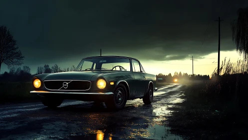 Golden hour drives welcome a classic Volvo on wet country roads