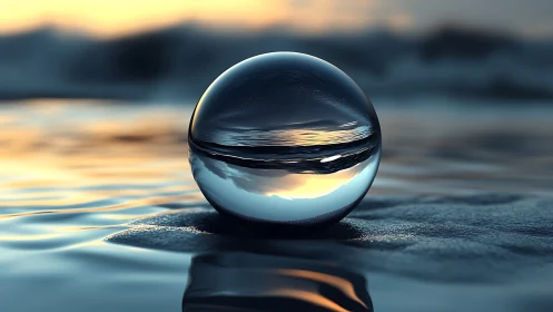Glowing glass sphere resting on gentle twilight waves.