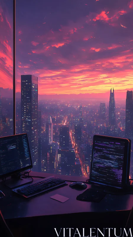 Cozy programmer&rsquo;s desk overlooking a glowing cyber sunset.