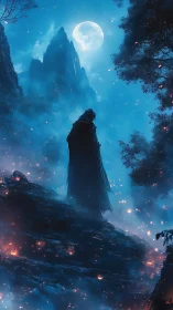 Lone cloaked wanderer ascends a moonlit, emberlit mountainside